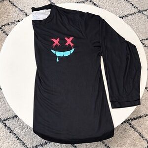 Black Long-Sleeve Graphic Tee with Red & Teal Smiley